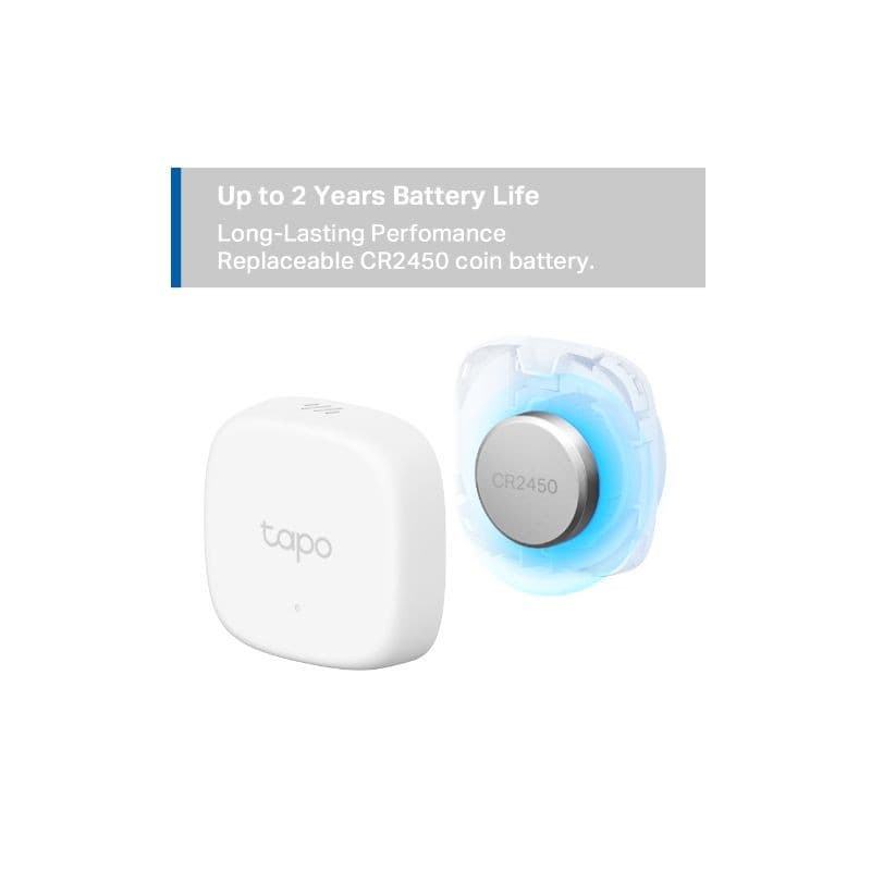 TP-Link Tapo T310 sensor branco compacto com logotipo tapo e bateria CR2450 substituível destacada ao lado, destaque para longa duração de bateria