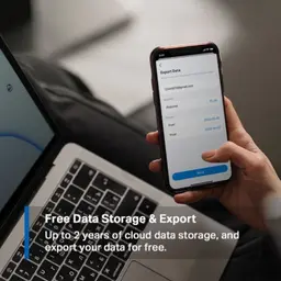 TP-Link Tapo T310 - Sensor de temperatura e humidade exibido via app móvel, tela mostra exportação de dados na nuvem por até 2 anos, interface clara e