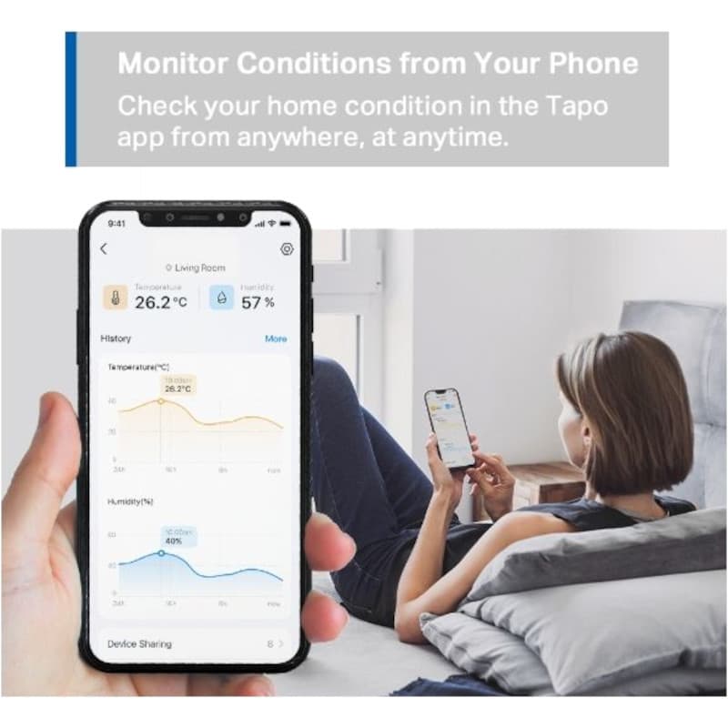 TP-Link Tapo T310 sensor de temperatura e humidade; app Tapo exibe gráficos, alertas e histórico no smartphone; monitoramento doméstico em tempo real