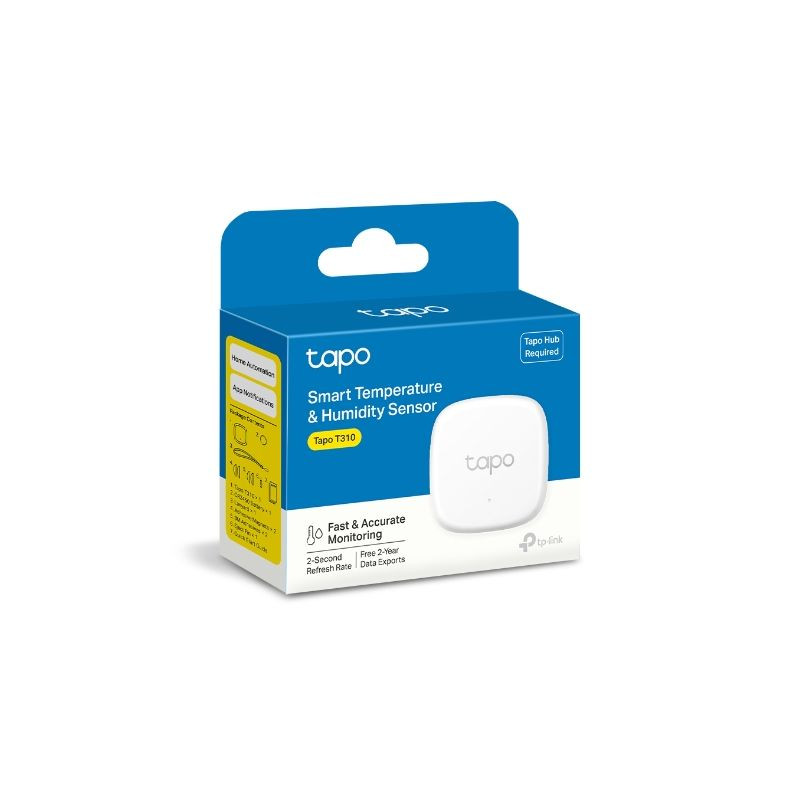 Sensor TP-Link Tapo T310 blanco, compacto y minimalista, con logotipo tapo al centro y pequeño LED indicador frontal para monitoreo de temperatura y humedad - Ítem7