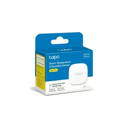 TP-Link Tapo T310 - Sensor branco compacto com display LED simples, ícone de temperatura e humidade na caixa azul, monitorização rápida e precisa