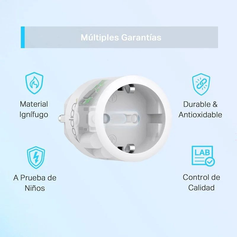 Enchufe inteligente blanco compacto con clavija Schuko, acabado mate, botón lateral con LED azul y logo “tapo”; diseño cilíndrico robusto de 3680 W. - Ítem6