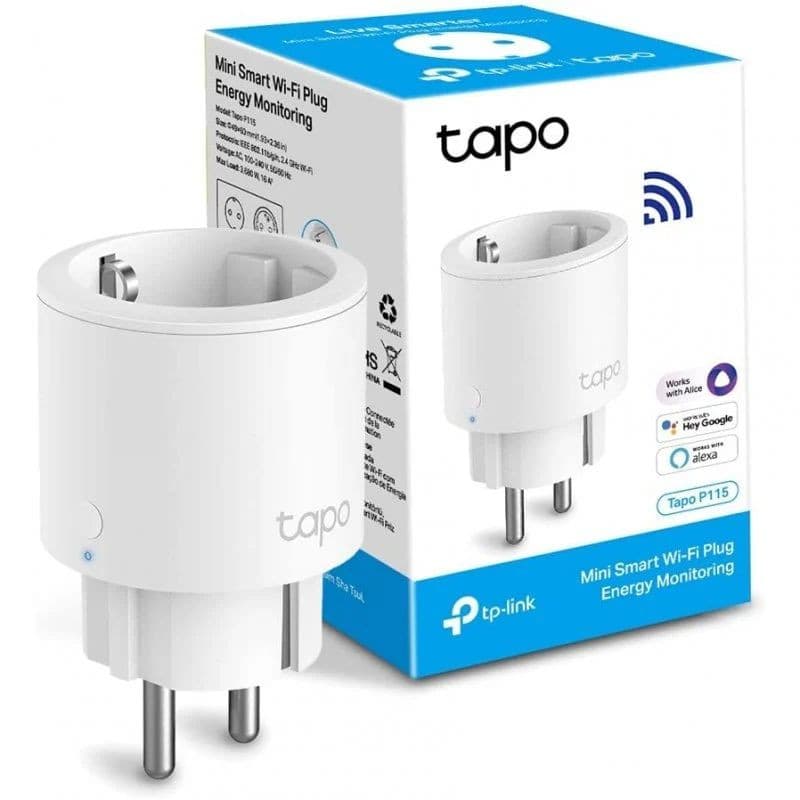 TP-Link Tapo P115 blanc, prise intelligente 3680 W. Format compact, fiche Schuko, LED de statut. Compatible assistants vocaux. Boîte bleue illustrée.