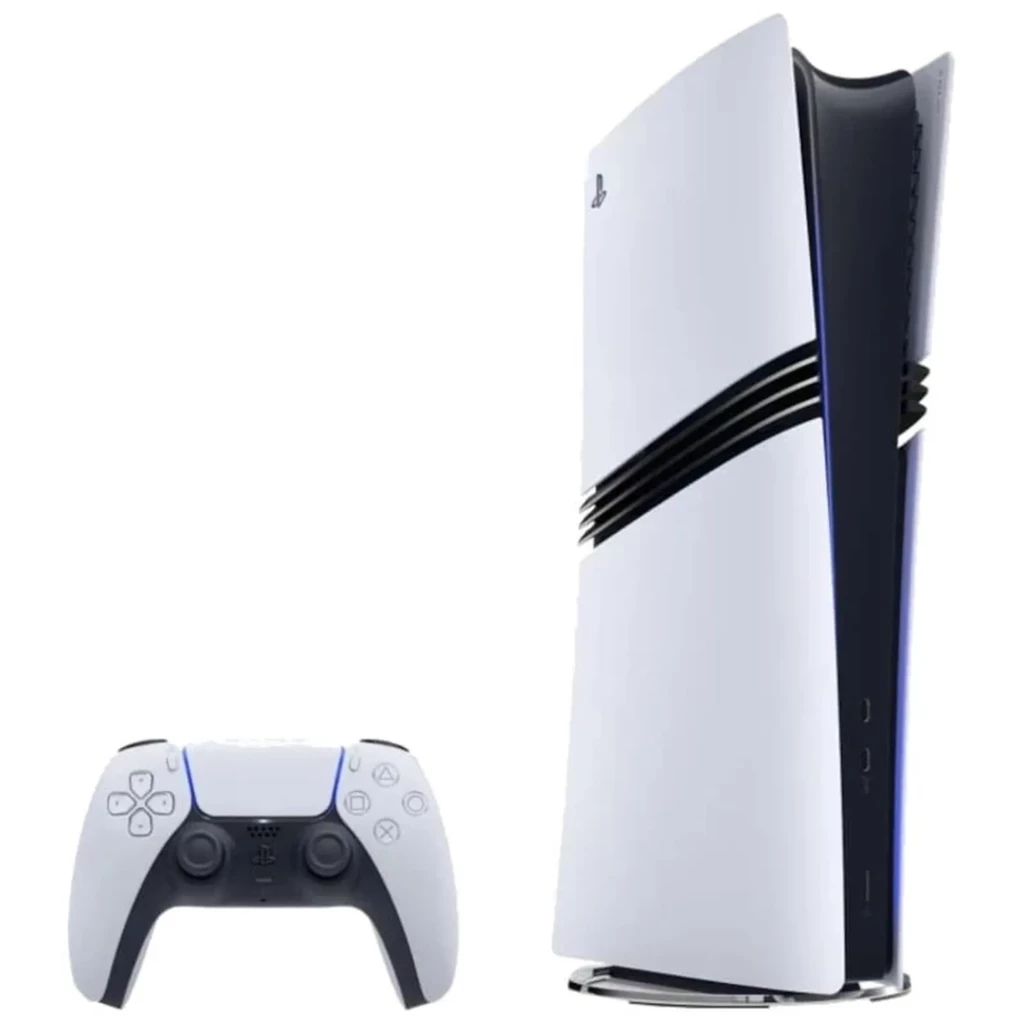 Console PS5 Pro Digital blanche 2 To, façade courbe bicolore noir et blanc, logo PS5 Pro visible, pack avec jaquette EA FC 26 mettant en scène deux - Ítem1