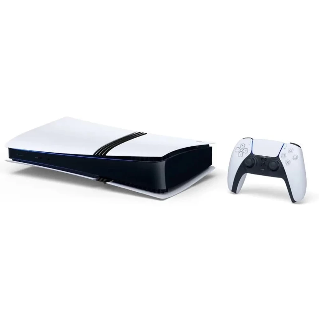Console PS5 Pro Digital blanche 2 To, façade courbe bicolore noir et blanc, logo PS5 Pro visible, pack avec jaquette EA FC 26 mettant en scène deux - Ítem2