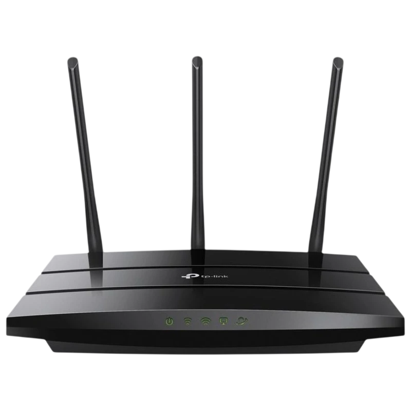 TP-Link Archer A8 WiFi Dual Router AC1900 preto com três antenas externas ajustáveis, LEDs frontais verdes e corpo brilhante com linhas horizontais - Item