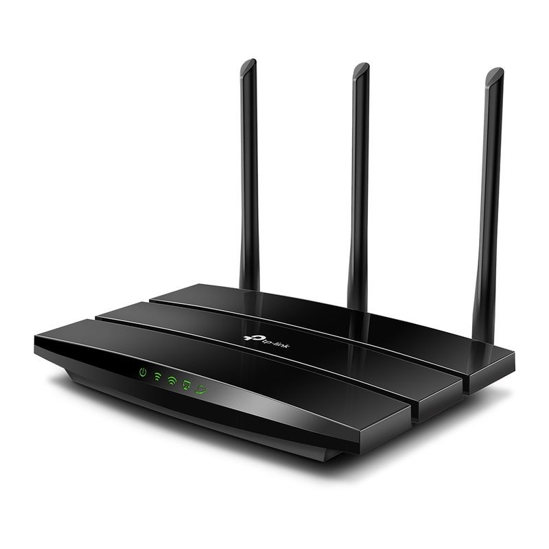 Router TP-Link Archer A8 AC1900 negro, tres antenas externas ajustables, indicadores LED frontales, diseño compacto de líneas horizontales y acabado brillante - Ítem1