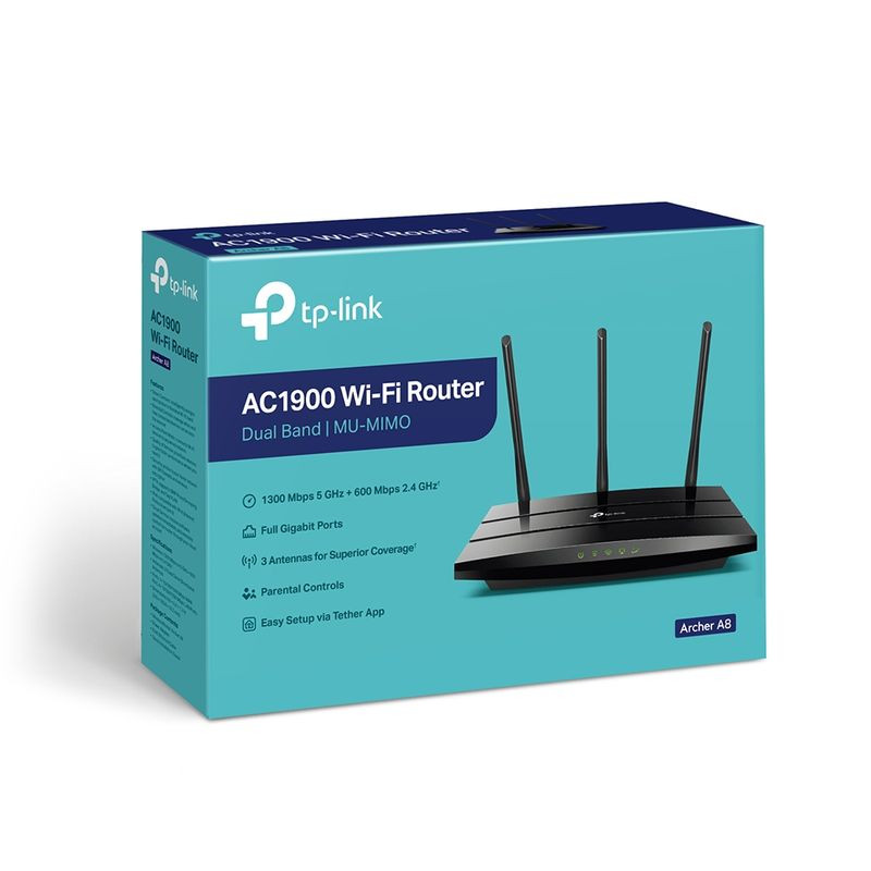 Router TP-Link Archer A8 AC1900 negro, tres antenas externas ajustables, indicadores LED frontales, diseño compacto de líneas horizontales y acabado brillante - Ítem4