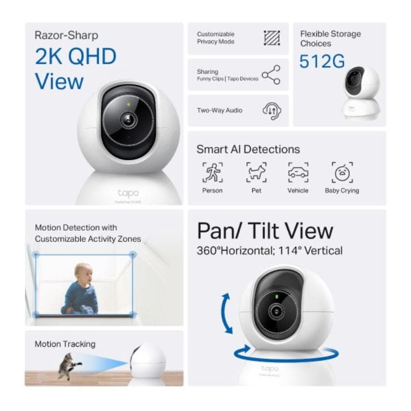Caméra intérieure blanche 2K QHD rotative avec objectif central noir, design sphérique compact, marque Tapo, idéale pour surveillance Wi‑Fi 4 MP.