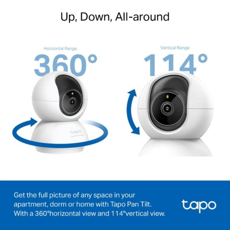 Caméra d’intérieur TP-Link TC72 4 MP, design sphérique blanc, tête motorisée pivotante, base stable, finitions lisses, idéale pour surveillance Wi‑Fi.