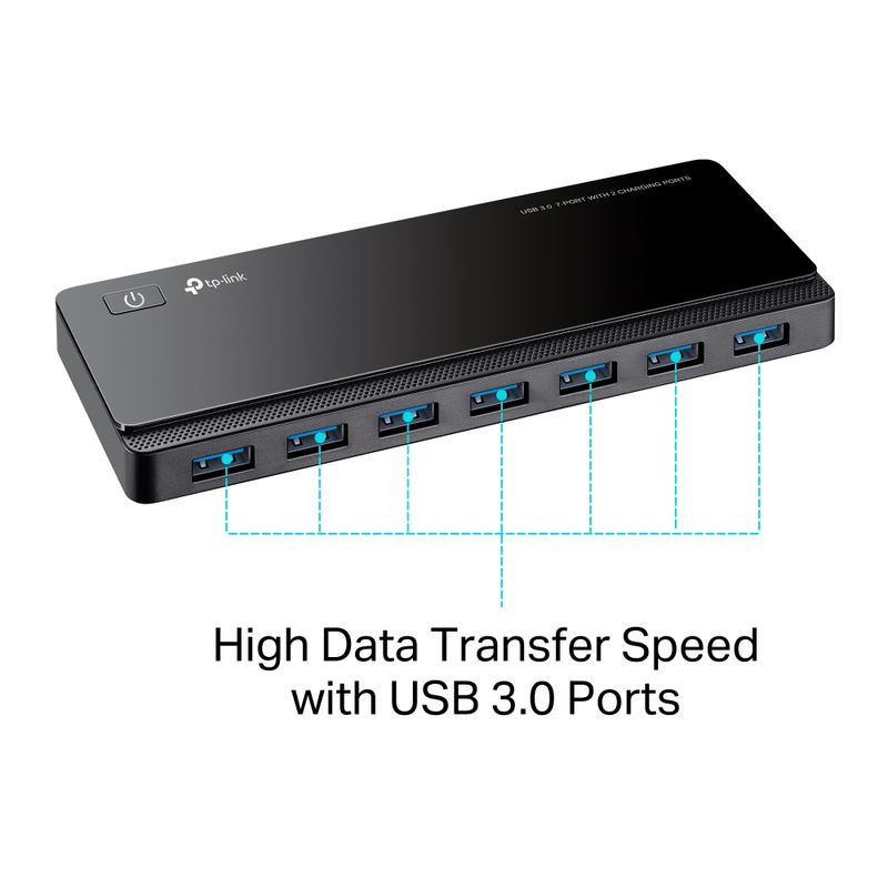 TP-Link UH720 USB 3.2 Gen 1 hub noir, boîtier rectangulaire élégant avec 7 ports USB bleus en façade, bouton d’alimentation latéral et logo TP-Link - Ítem1