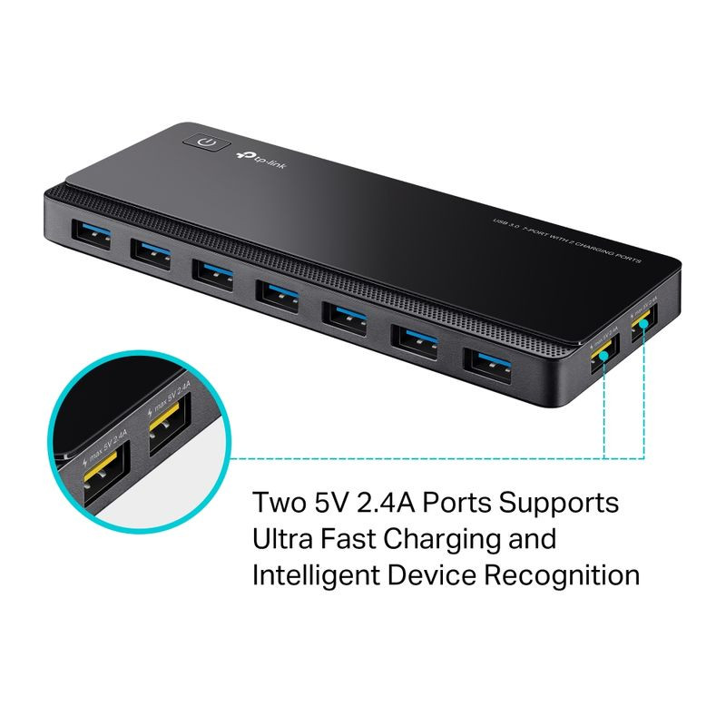 TP-Link UH720 USB 3.2 Gen 1 hub noir, boîtier rectangulaire élégant avec 7 ports USB bleus en façade, bouton d’alimentation latéral et logo TP-Link - Ítem2