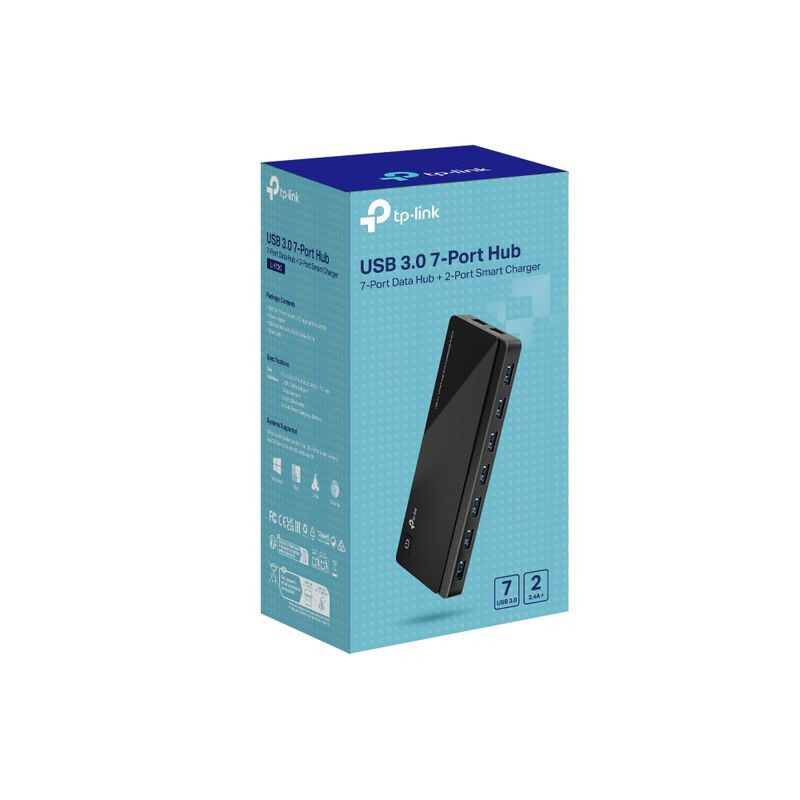 TP-Link UH720 USB 3.2 Gen 1 hub noir, boîtier rectangulaire élégant avec 7 ports USB bleus en façade, bouton d’alimentation latéral et logo TP-Link - Ítem5