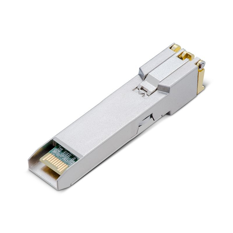 TP-Link TL-SM331T Module SFP 1000BASE-T RJ45 compact en métal argenté, connecteur RJ45 doré, design allongé, étiquette verte, broches visibles - Ítem1