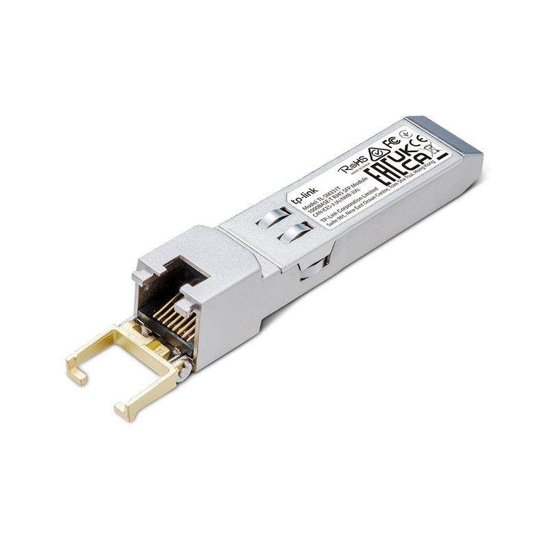 TP-Link TL-SM331T Module SFP 1000BASE-T RJ45 compact en métal argenté, connecteur RJ45 doré, design allongé, étiquette verte, broches visibles - Ítem2