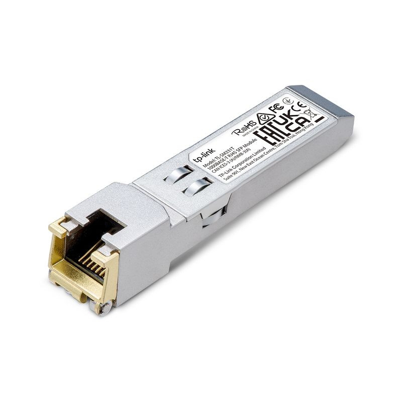 TP-Link TL-SM331T Module SFP 1000BASE-T RJ45 compact en métal argenté, connecteur RJ45 doré, design allongé, étiquette verte, broches visibles - Ítem3