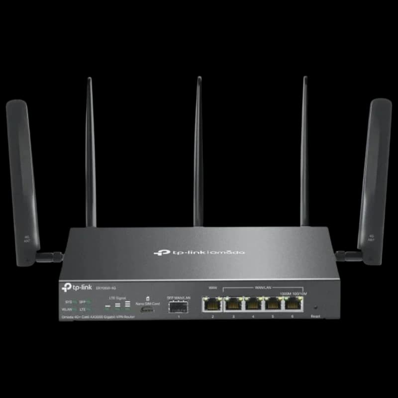 Routeur TP-Link Omada ER706W-4G noir, boîtier métal, 4 antennes externes, 5 ports Gigabit, ports SFP/USB, voyants LED, WiFi bi-bande 2,4/5 GHz.
