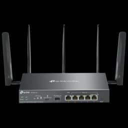 Routeur TP-Link Omada ER706W-4G noir, boîtier métal, 4 antennes externes, 5 ports Gigabit, ports SFP/USB, voyants LED, WiFi bi-bande 2,4/5 GHz.