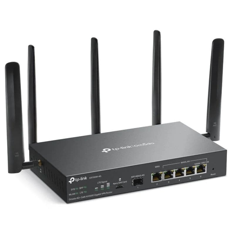 Routeur TP-Link Omada ER706W-4G: boîtier noir avec 4 antennes externes, 4 ports Gigabit RJ45, ports WAN/LAN, WiFi bi-bande 2,4/5 GHz, design pro.