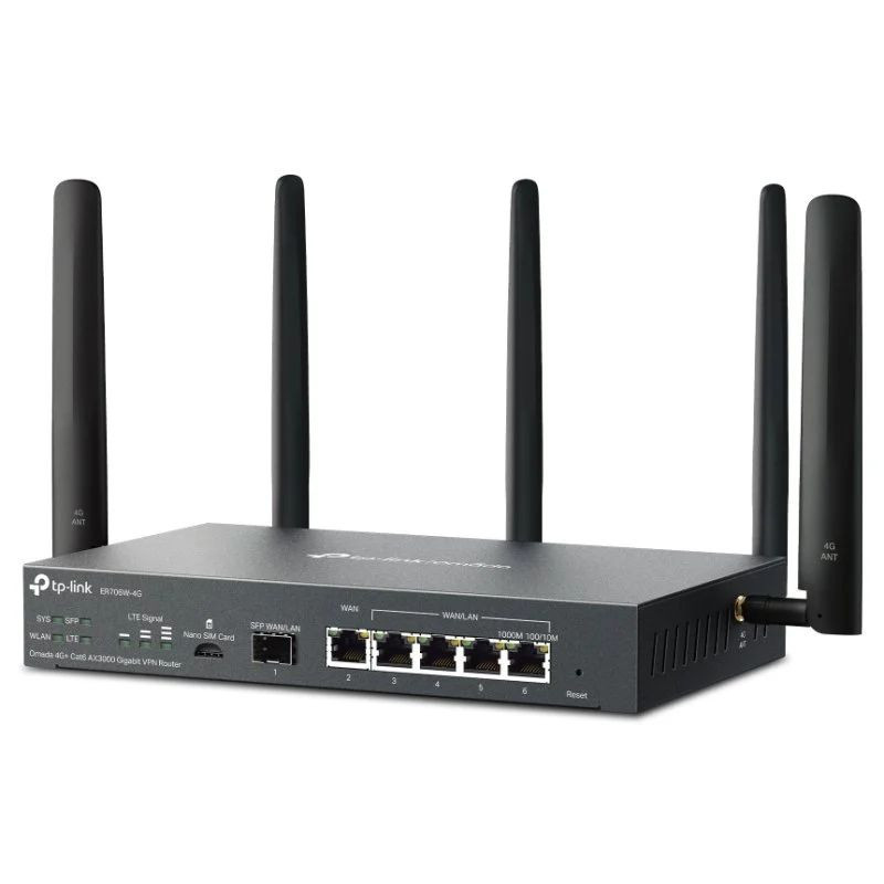Routeur TP-Link Omada ER706W-4G noir, boîtier métal, 4 antennes externes, 5 ports Gigabit, ports SFP/USB, voyants LED, WiFi bi-bande 2,4/5 GHz. - Ítem2