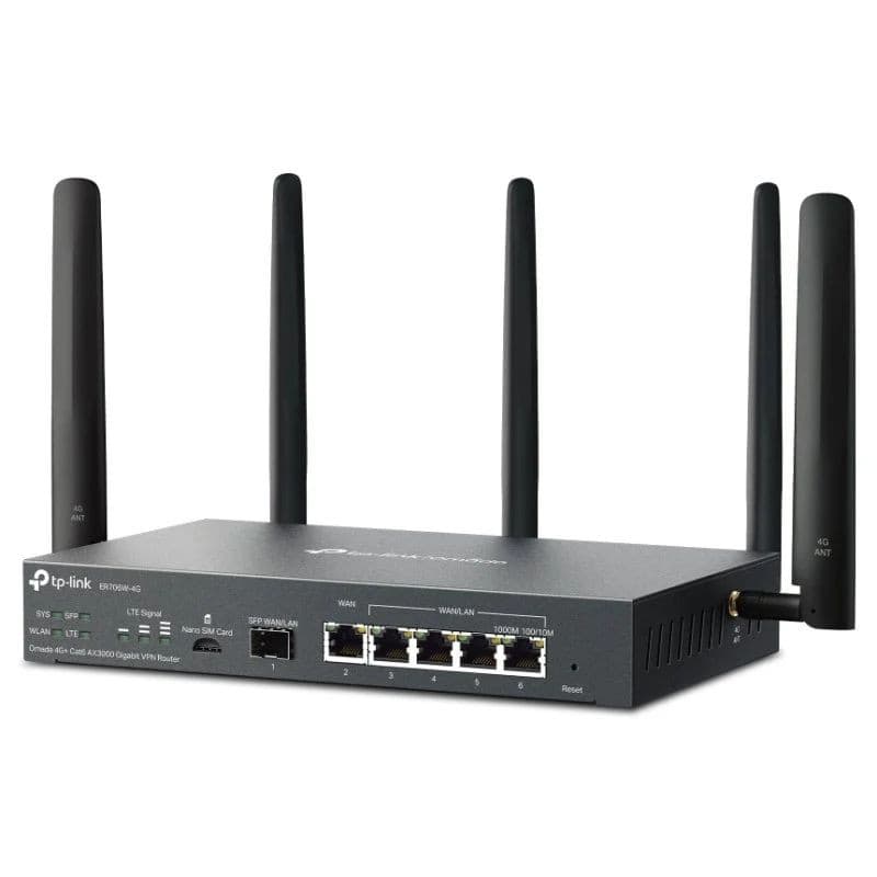Routeur TP-Link Omada ER706W-4G noir, 4 antennes externes, 5 ports Gigabit, voyants LED en façade, connectivité 4G, Wi‑Fi bi-bande 2,4/5 GHz.