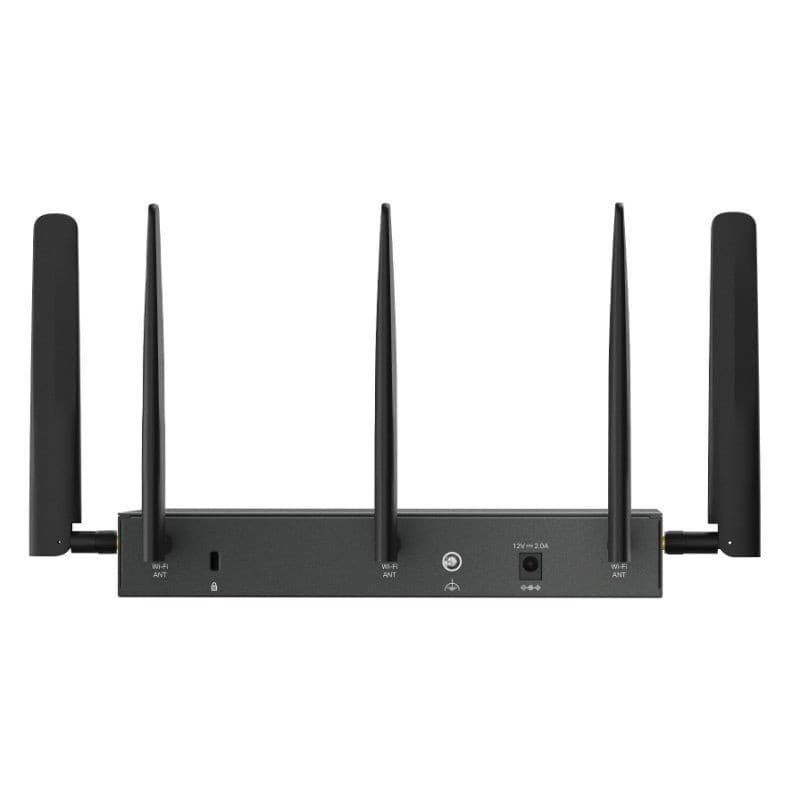 TP-Link Omada ER706W-4G avec 4 antennes noires, boîtier gris, ports WAN/LAN, bouton d’alimentation et connecteur 12V; Wi‑Fi bi-bande 2,4/5 GHz.