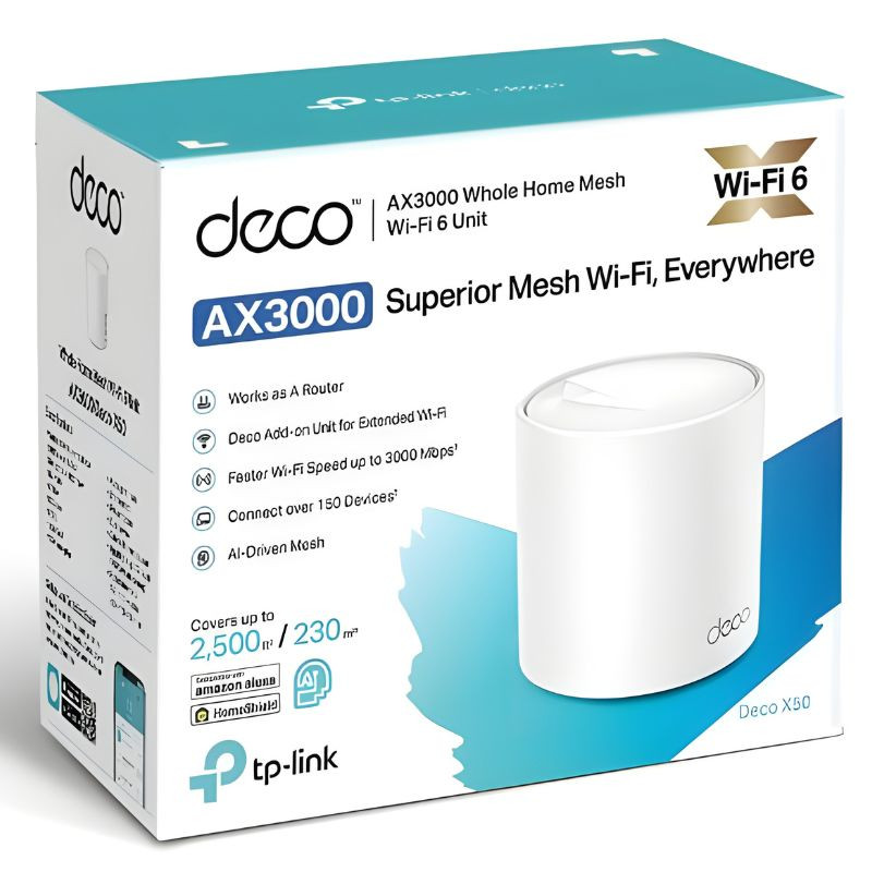 Unidade TP-Link Deco X50 branca, cilindro minimalista com topo chanfrado e logo deco, design clean para sistema Wi‑Fi 6 Mesh AX3000 dual band - Item4