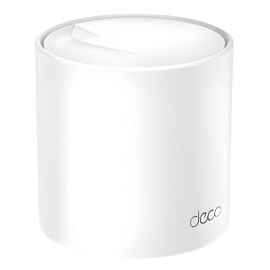 Unidade TP-Link Deco X50 branca, cilindro minimalista com topo chanfrado e logo deco, design clean para sistema Wi‑Fi 6 Mesh AX3000 dual band
