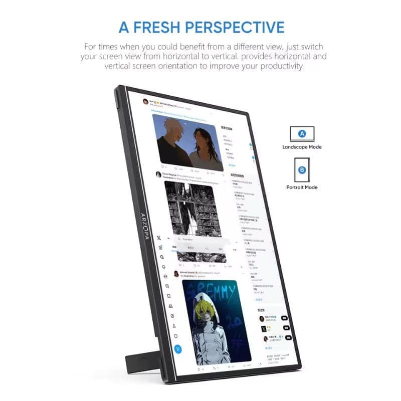 Arzopa A3C Pro 13,3 OLED 1080p Full HD com cores vivas, preto profundo e rotação horizontal e vertical; design fino com suporte ajustável para jogos e
