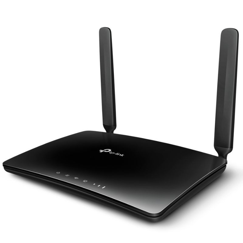TP-Link TL-MR150 Router 4G LTE Wi-Fi 4 N300 negro, cuerpo brillante, dos antenas externas ajustables, LEDs frontales de estado y ventilación inferior - Ítem1
