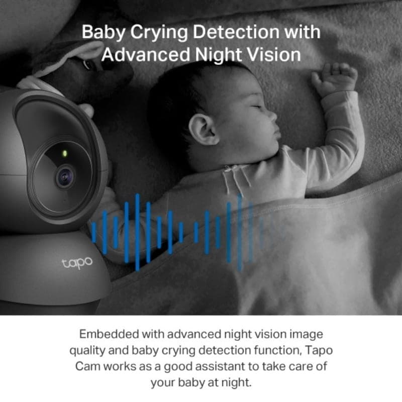 Caméra TP-Link Tapo C211 2K 3MP rotative 360°, vision nocturne avancée, détection des pleurs, audio bidirectionnel, objectif noir avec logo tapo