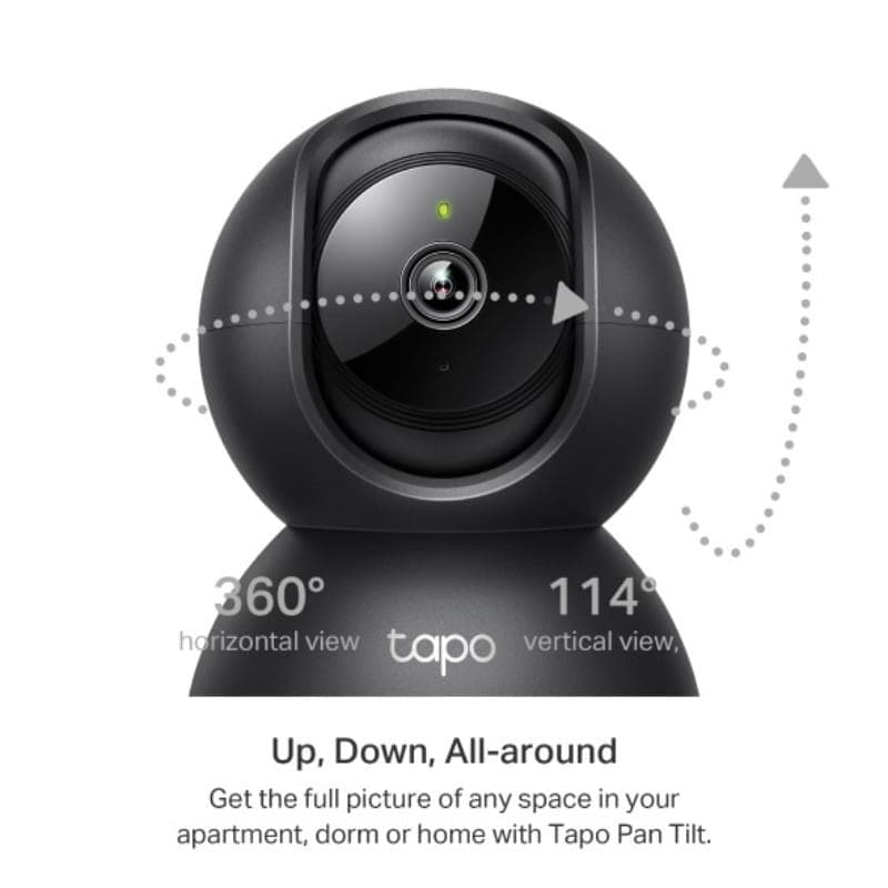 Caméra dôme noire TP-Link Tapo C211 3MP 2K avec rotation 360° horizontale et 114° verticale, lentille centrale, indicateurs de mouvement et audio