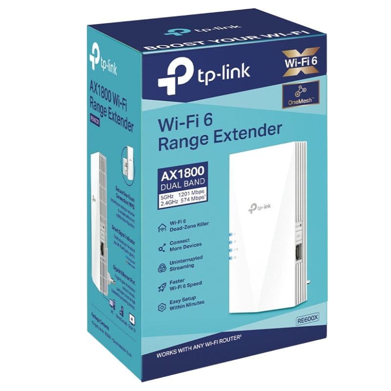 Repetidor TP-Link RE600X branco, design compacto vertical, LEDs laterais, botões WPS e Reset, porta Gigabit frontal, acabamento fosco com logotipo central