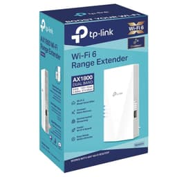 Repetidor TP-Link RE600X branco, design compacto vertical, LEDs laterais, botões WPS e Reset, porta Gigabit frontal, acabamento fosco com logotipo central