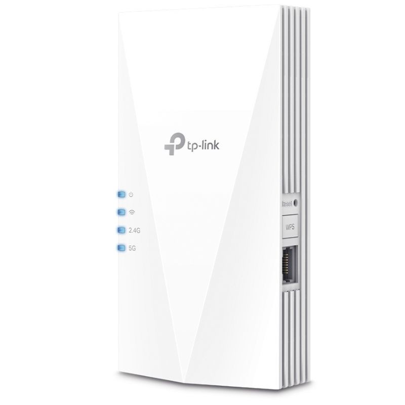 TP-Link RE600X repetidor Wi‑Fi 6 AX1800 blanco con diseño angular, cuatro LEDs de estado laterales y acabado mate; puerto Gigabit integrado en la base - Ítem1