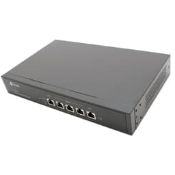 TP-Link TL-R480T Plus, roteador metálico preto com 5 portas Ethernet frontais WAN/LAN, LEDs de status, ventilação lateral e design de mesa compacto