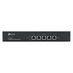 TP-Link TL-R480T Plus, roteador balanceador de carga com painel frontal preto, 5 portas RJ45 identificadas WAN, WAN/LAN e LAN, LEDs de status e logo tp-link
