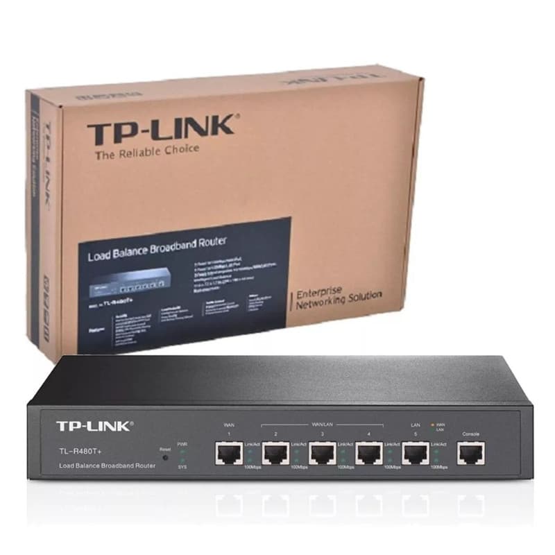 TP-Link TL-R480T Plus, router balanceador com gabinete preto, 5 portas RJ45 frontais, porta console, LEDs de status e caixa de embalagem marrom ao fundo