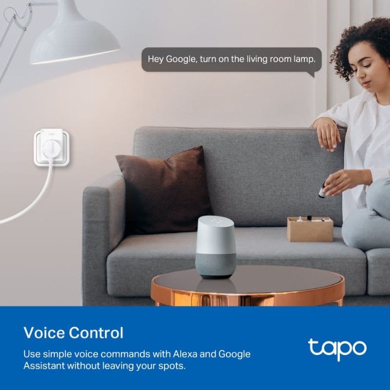 TP-Link Tapo P110 pack 2 enchufe inteligente con control por voz; diseño compacto blanco, LED de estado y toma frontal, compatible con Alexa y Google Assistant