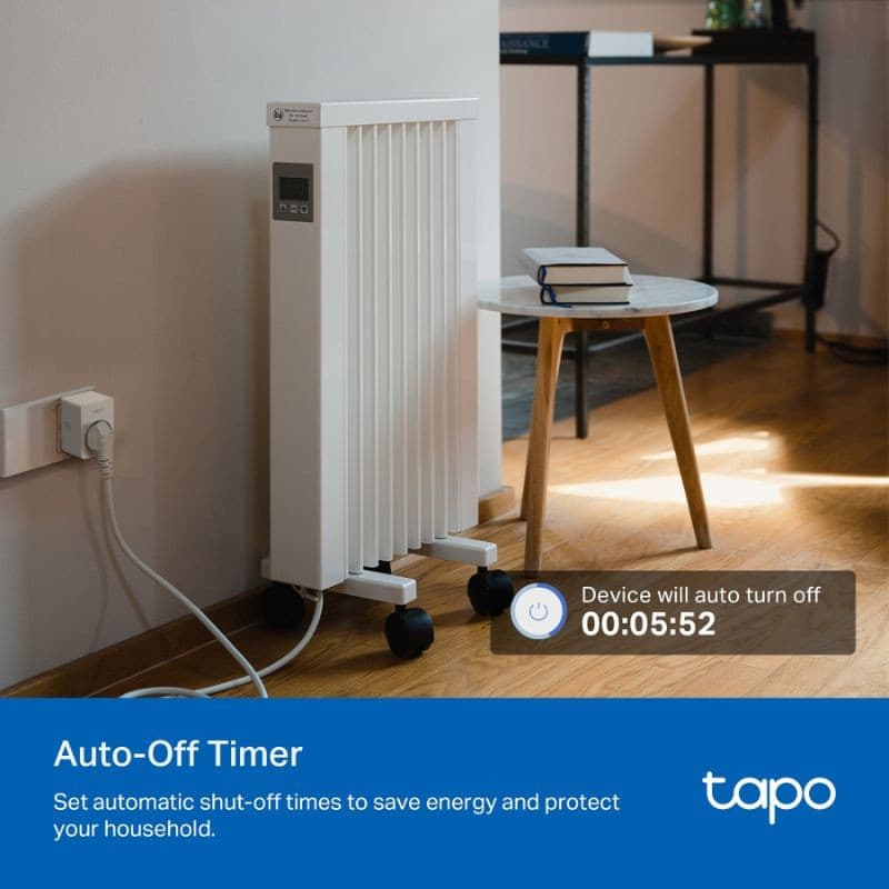 TP-Link Tapo P110 pack 2 enchufe inteligente mostrando temporizador de apagado automático, control de energía y uso con calefactor conectado en sala iluminada