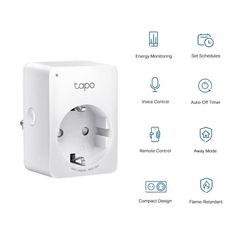 TP-Link Tapo P110 pack 2 enchufe inteligente blanco con LED, diseño compacto, tomas Schuko y funciones resaltadas: control voz, remoto, horarios y monitor de