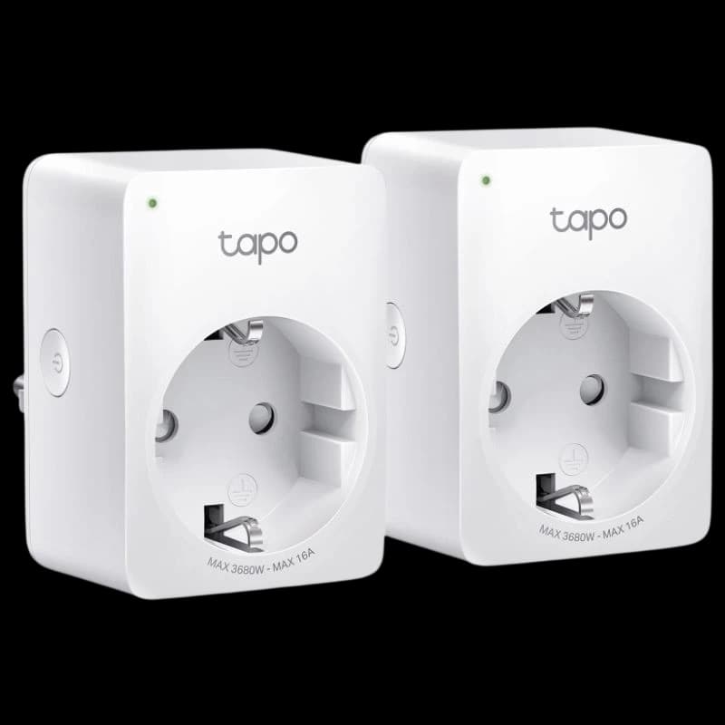 TP-Link Tapo P110 pack 2, enchufes inteligentes blancos tipo Schuko con indicador LED, diseño compacto, botones laterales y marcaje MAX 3680W 16A