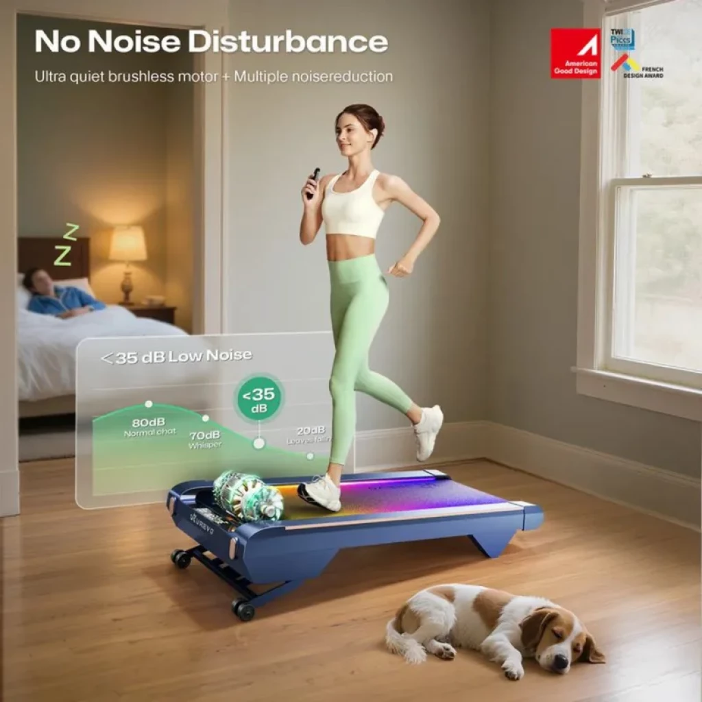 UREVO CyberPad Azul – passadeira doméstica compacta, dobrável, com estrutura azul metálica, faixa de corrida preta e iluminação LED multicolor na - Item7