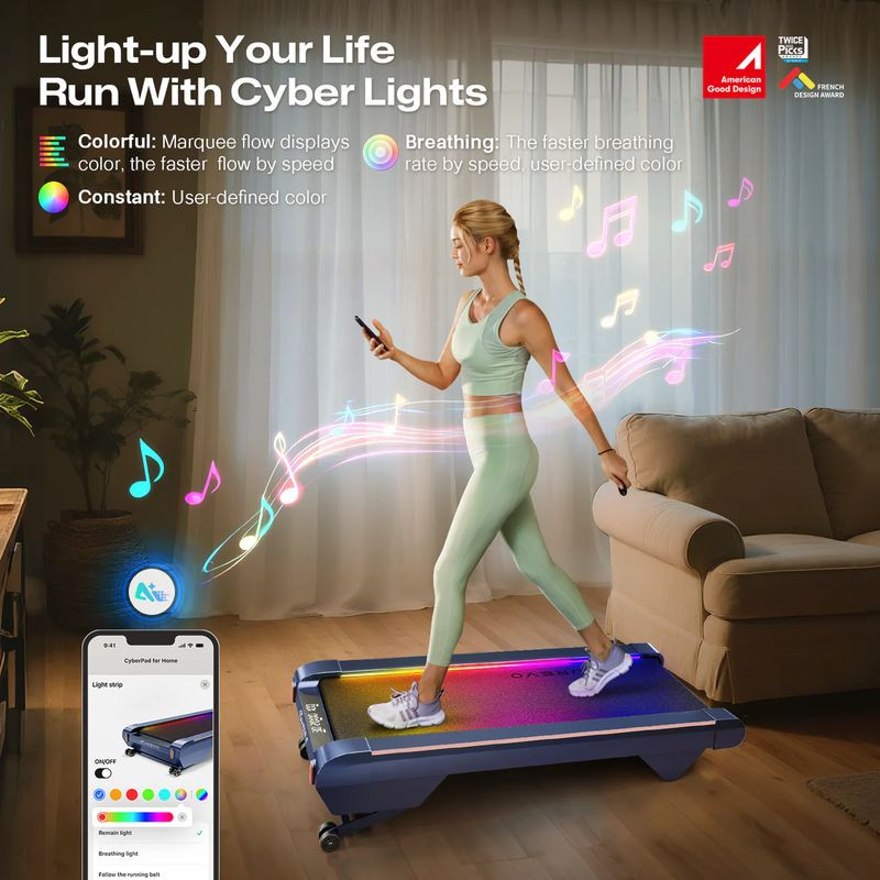 UREVO CyberPad Bleu – tapis de course compact, pliant, roulettes intégrées, châssis bleu métallisé, surface de course antidérapante avec éclairage LED - Ítem3