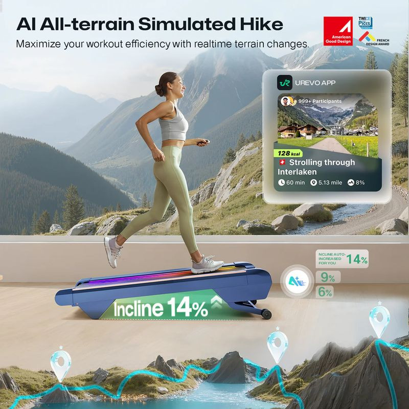 UREVO CyberPad Bleu – tapis de course compact, pliant, roulettes intégrées, châssis bleu métallisé, surface de course antidérapante avec éclairage LED - Ítem4