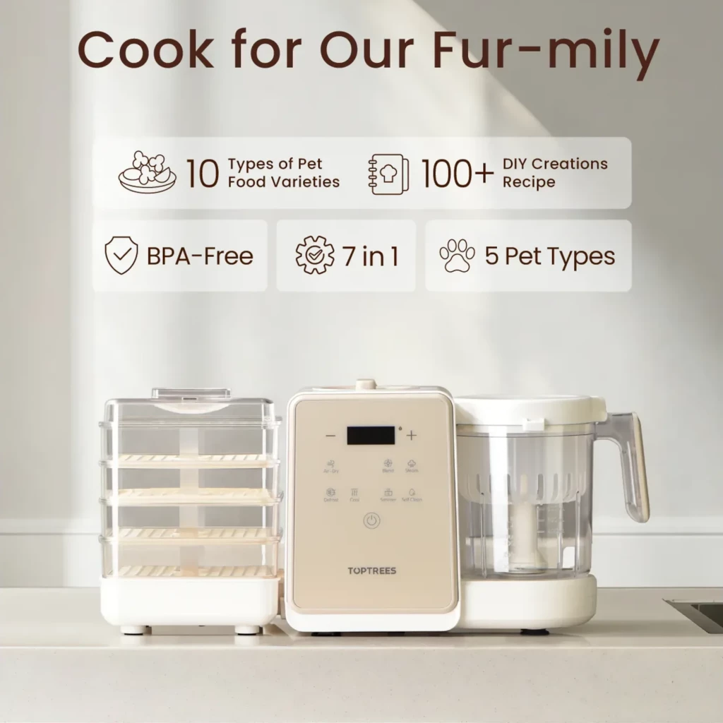 TopTrees Pet Treats Maker – processador branco com painel digital, botões táteis, jarra com alça e acessório de desidratação empilhável em múltiplas - Item1