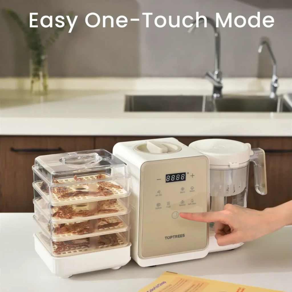 TopTrees Pet Treats Maker – processador branco com painel digital, botões táteis, jarra com alça e acessório de desidratação empilhável em múltiplas - Item3