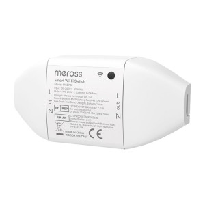 Meross MSS715MA-UN WiFi Switch blanco, compacto, con bornes L/N de entrada y salida, carcasa ovalada y etiqueta técnica impresa para instalación interior.