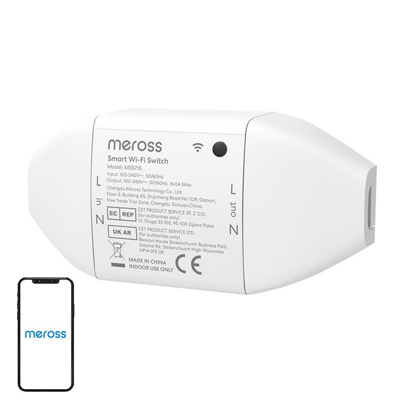 Meross MSS715MA-UN WiFi Switch blanco, compacto, con bornes L/N de entrada y salida, carcasa ovalada y etiqueta técnica impresa para instalación interior. - Ítem1