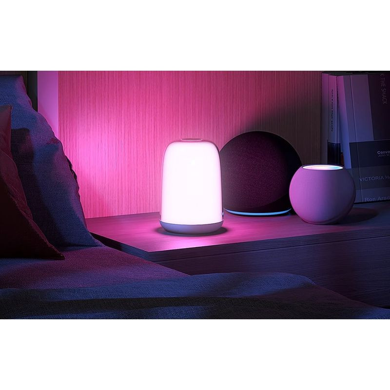 Lámpara Meross MSL430J: diseño cilíndrico blanco, difusor suave con luz cálida regulable RGB hasta 6500K, acabado minimalista y base redondeada. - Ítem1